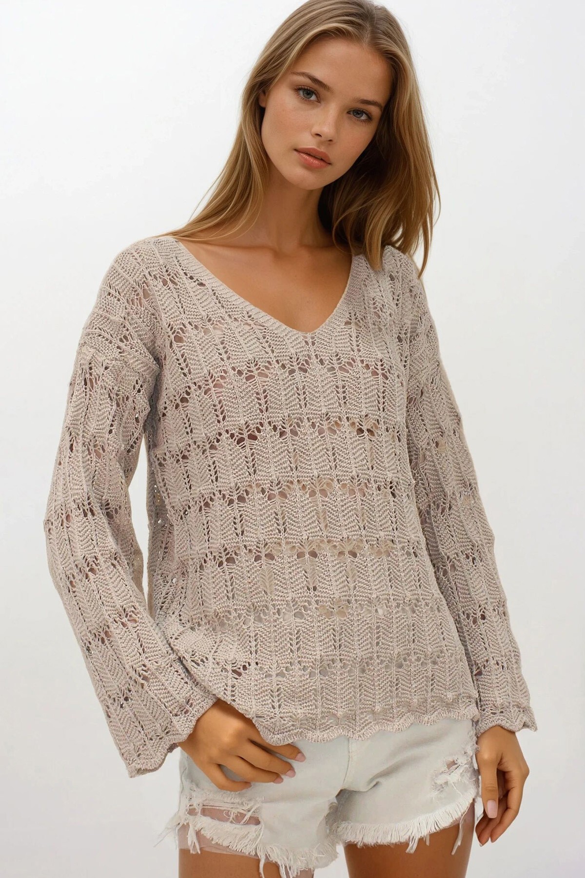 Koyu Bej V Yaka Ajurlu Bluz