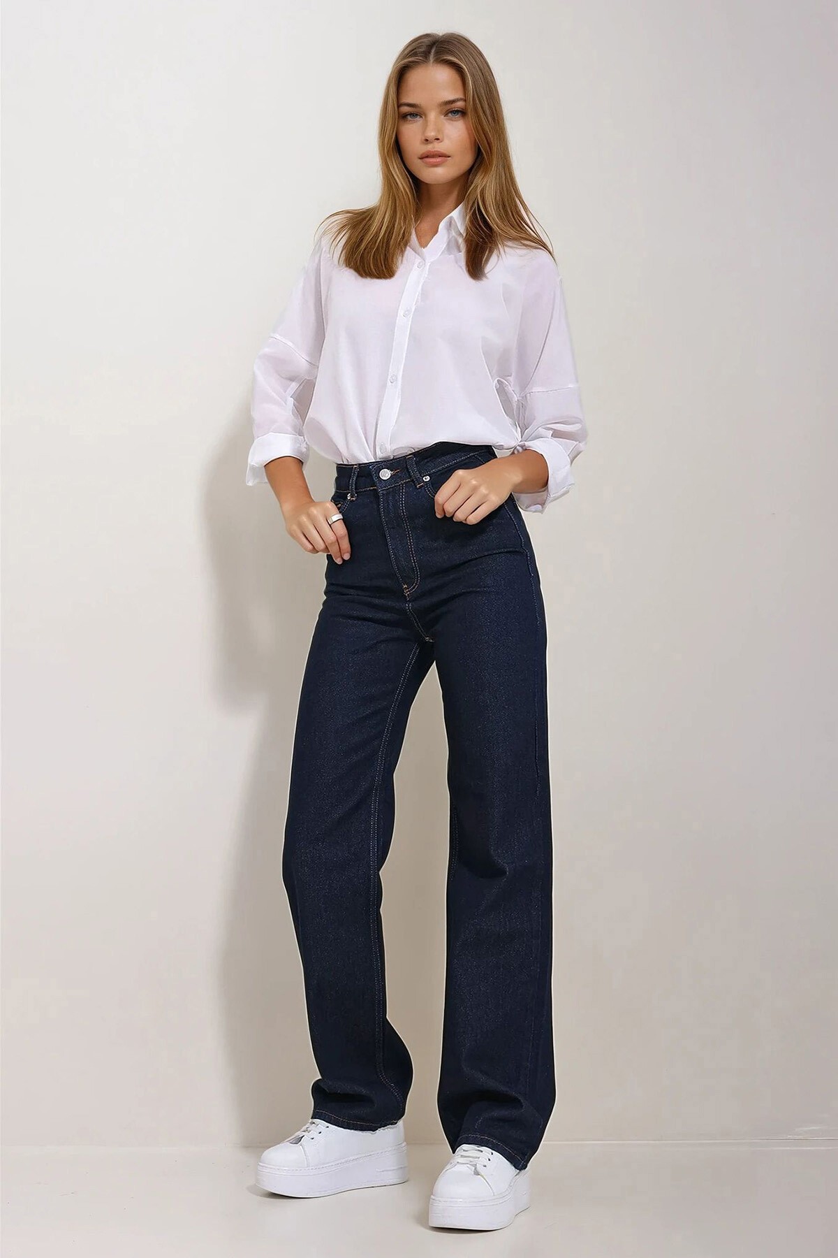 Koyu Lacivert Yüksek Bel 5 Cepli Wide Leg Palazzo Pantolon