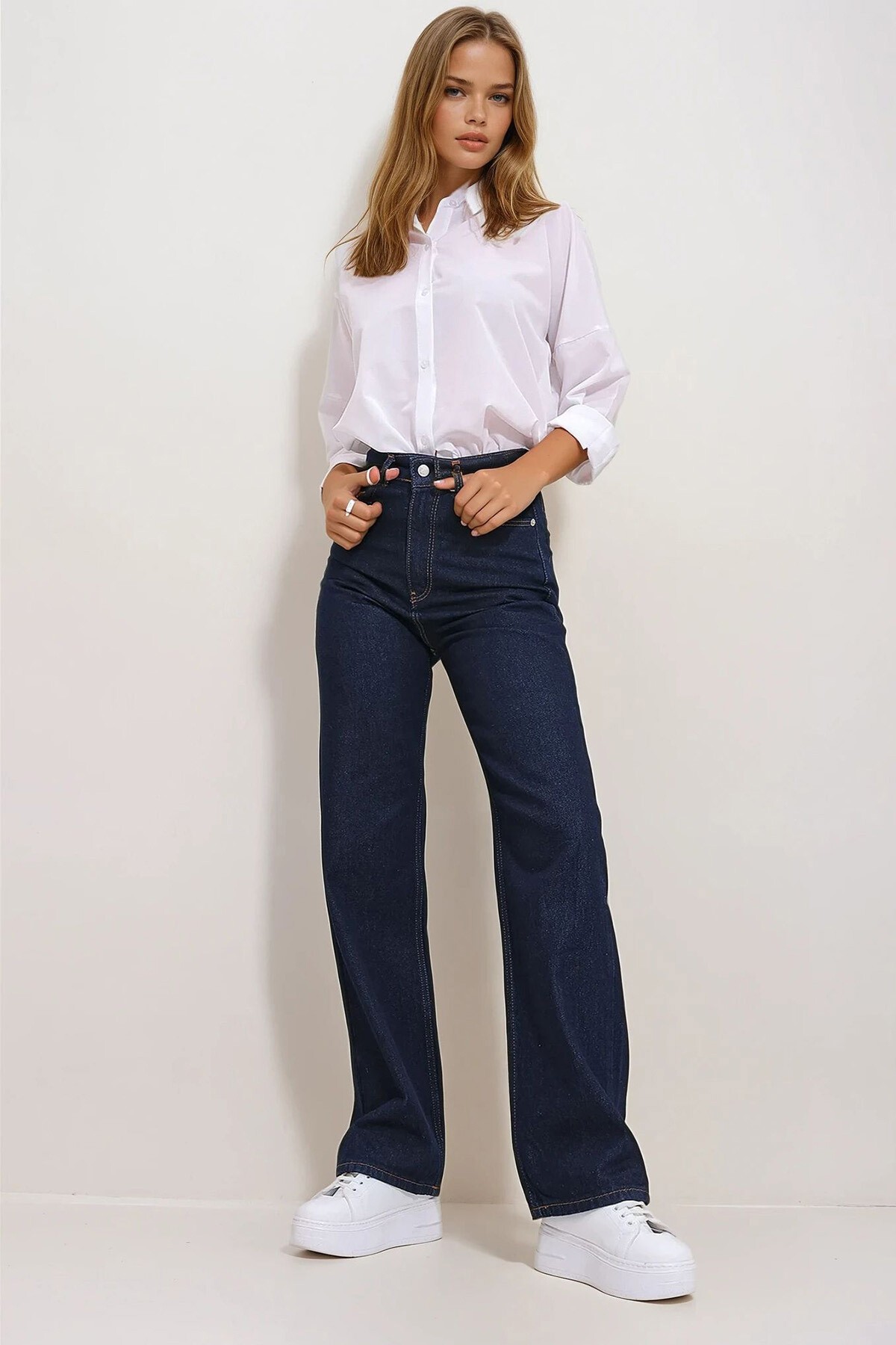 Koyu Lacivert Yüksek Bel 5 Cepli Wide Leg Palazzo Pantolon