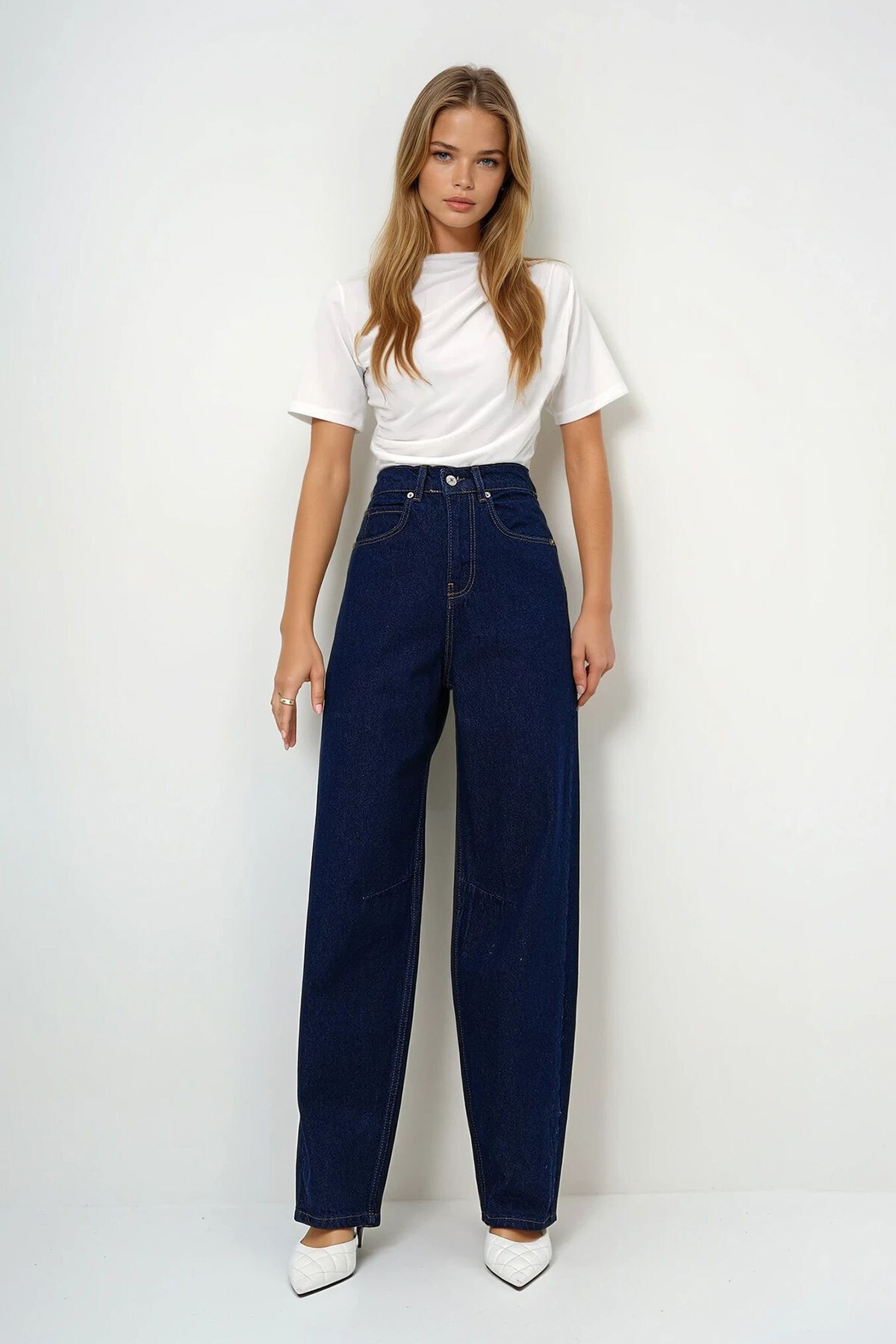 Koyu Lacivert Yüksek Bel Baggy Balloon Jean