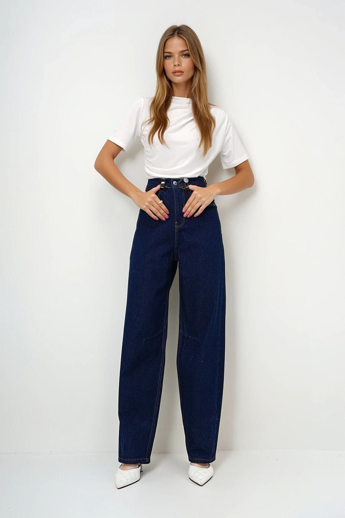 Koyu Lacivert Yüksek Bel Baggy Balloon Jean