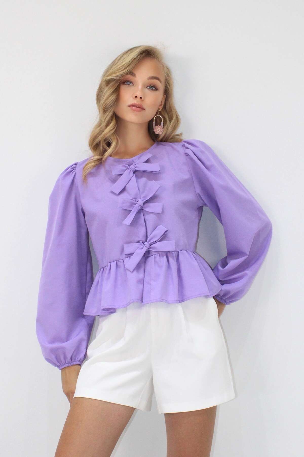 Koyu Lila Bisiklet Yaka Fiyonk Bağlamalı Prenses Kol Poplin Bluz