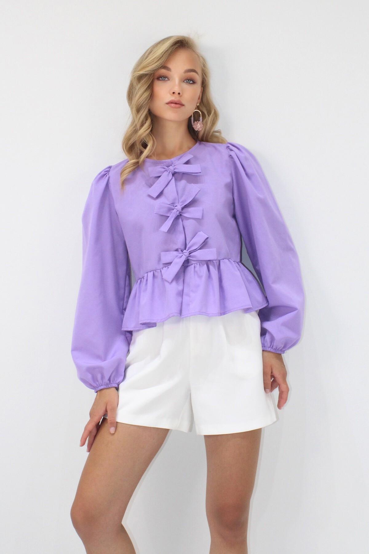 Koyu Lila Bisiklet Yaka Fiyonk Bağlamalı Prenses Kol Poplin Bluz