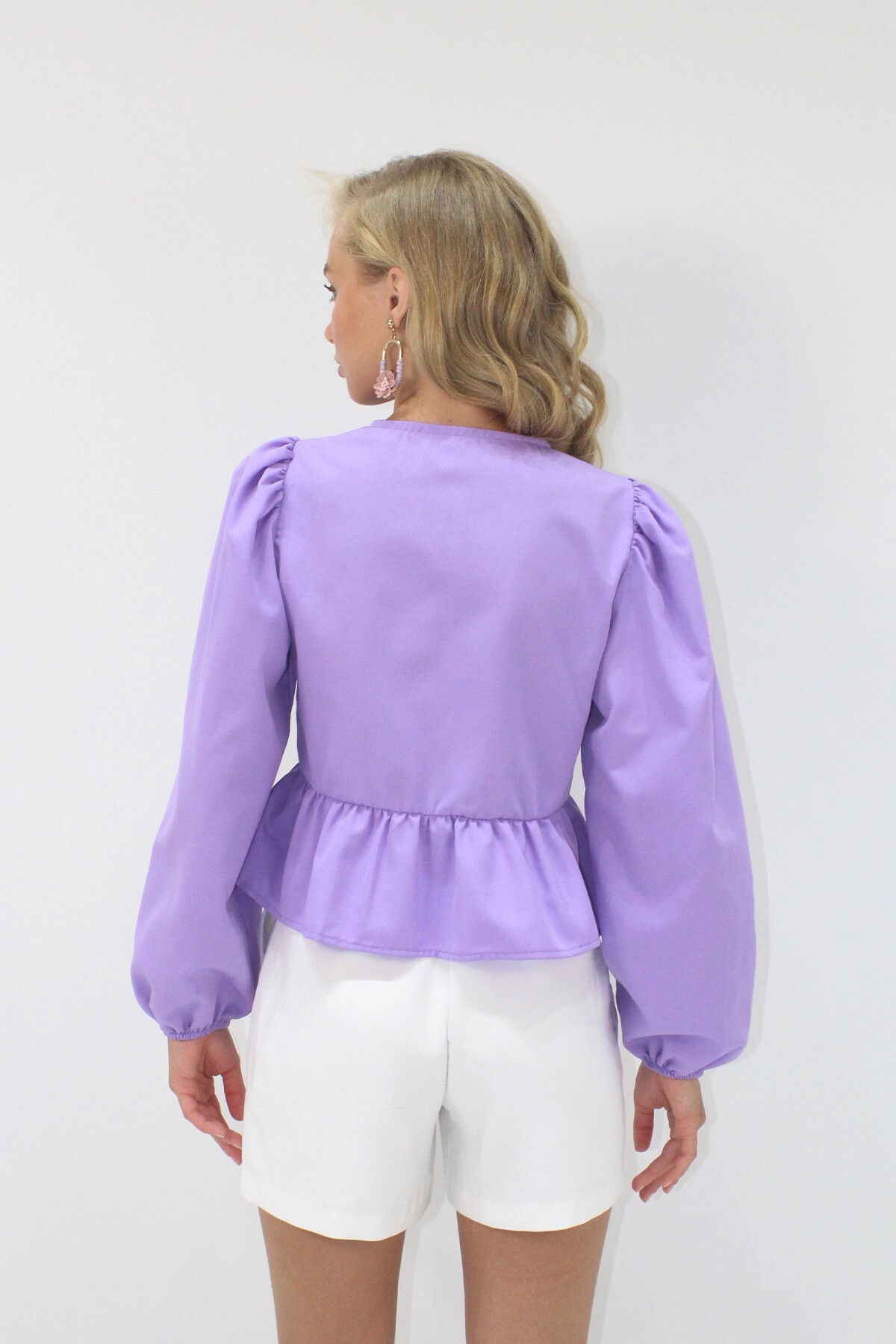 Koyu Lila Bisiklet Yaka Fiyonk Bağlamalı Prenses Kol Poplin Bluz