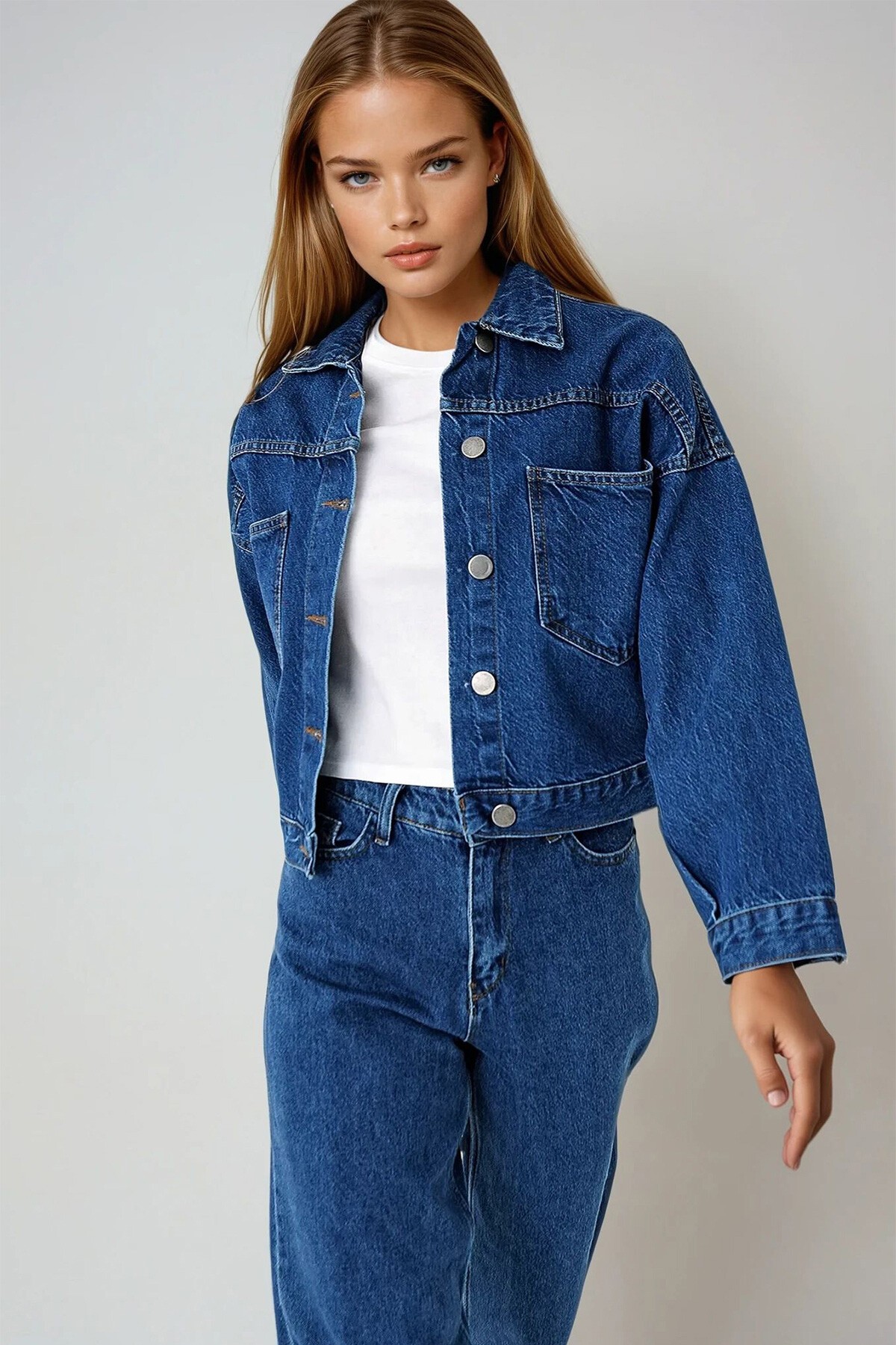 Koyu Mavi Crop Denım Ceket