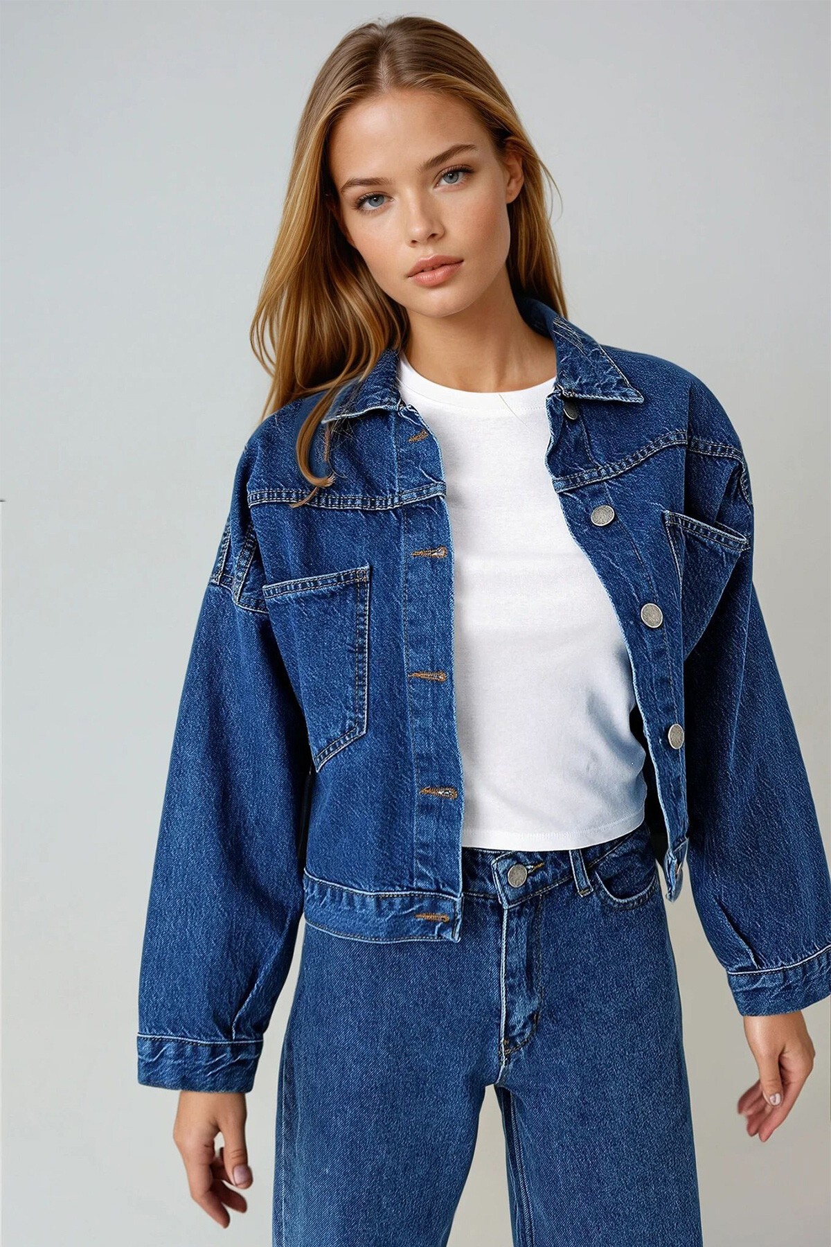 Koyu Mavi Crop Denım Ceket