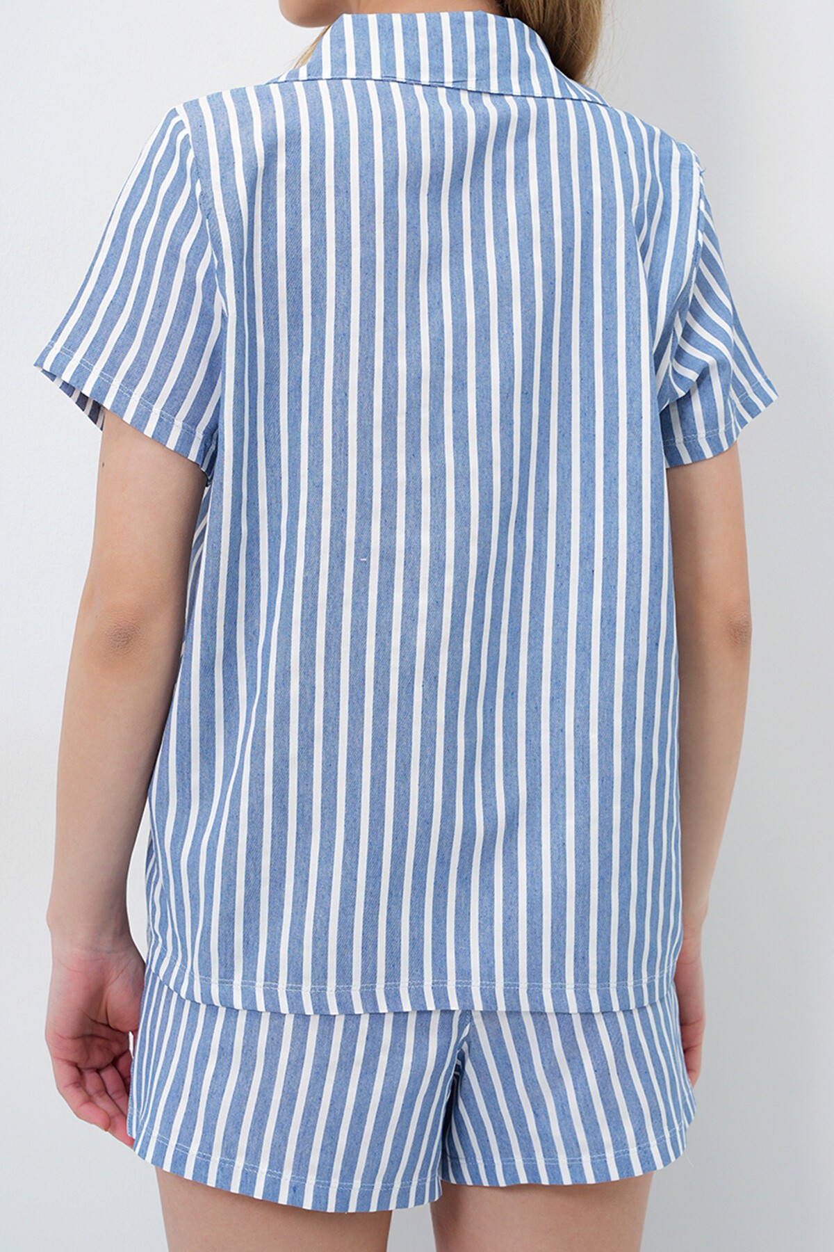 Koyu Mavi Yazlık Pamuk Örme Gömlek Ve Şort Pijama Takım