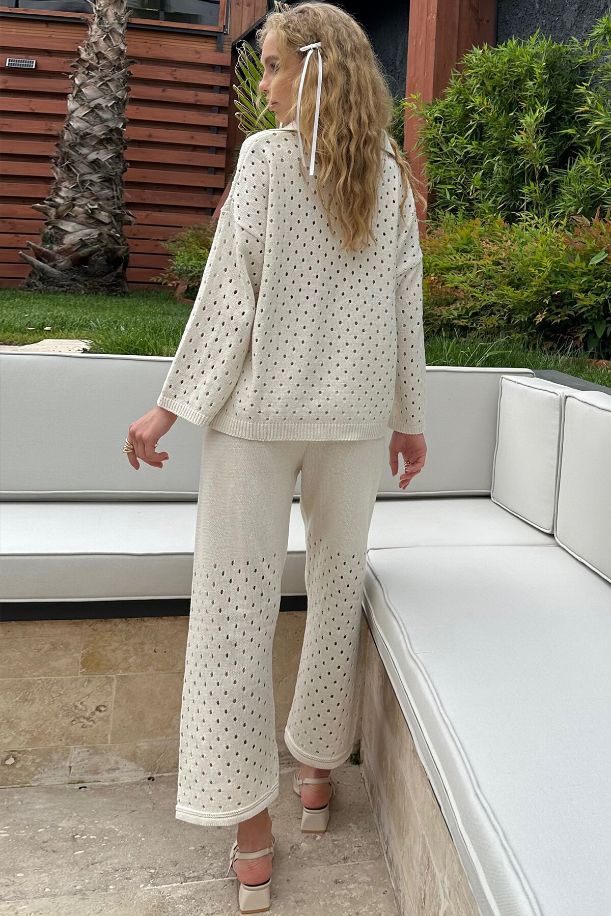 Krem Delik Ajurlu Fermuarlı Alt Üst Triko Takım