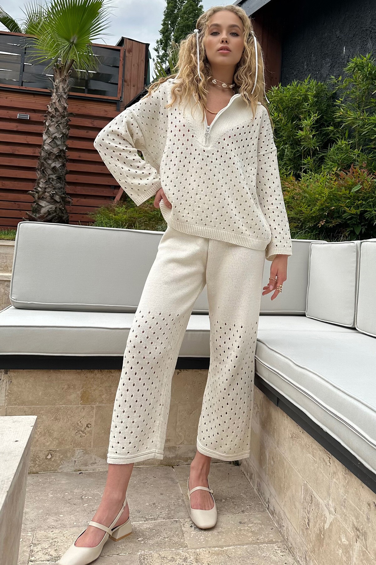 Krem Delik Ajurlu Fermuarlı Alt Üst Triko Takım