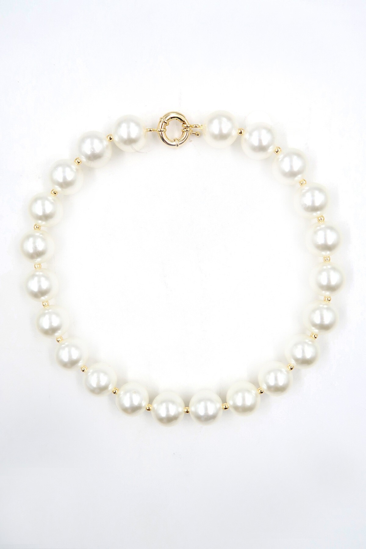 Krem Gold Biyeli Büyük Boncuklu Tasarım İnci Kolye