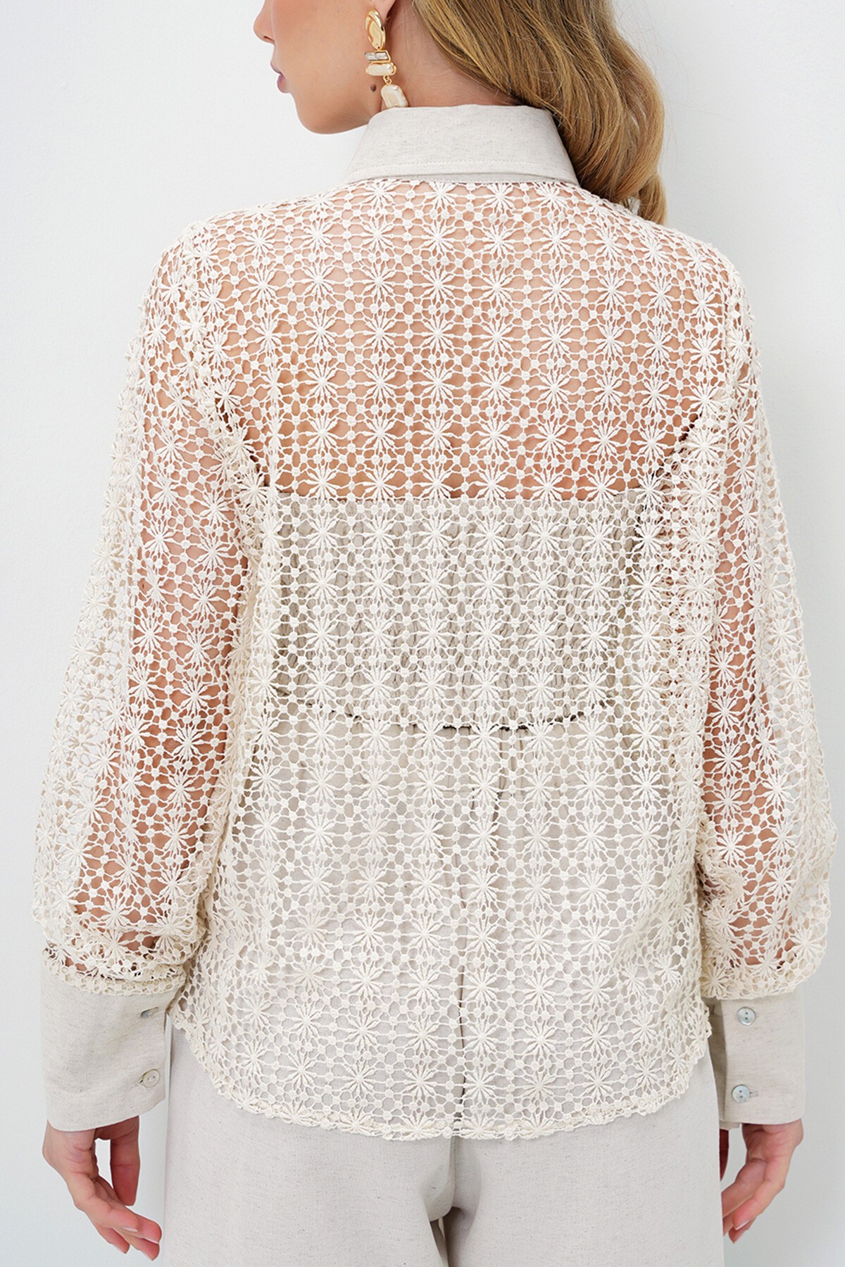 Krem Güpür Premium Tasarım Ham Keten Gömlek