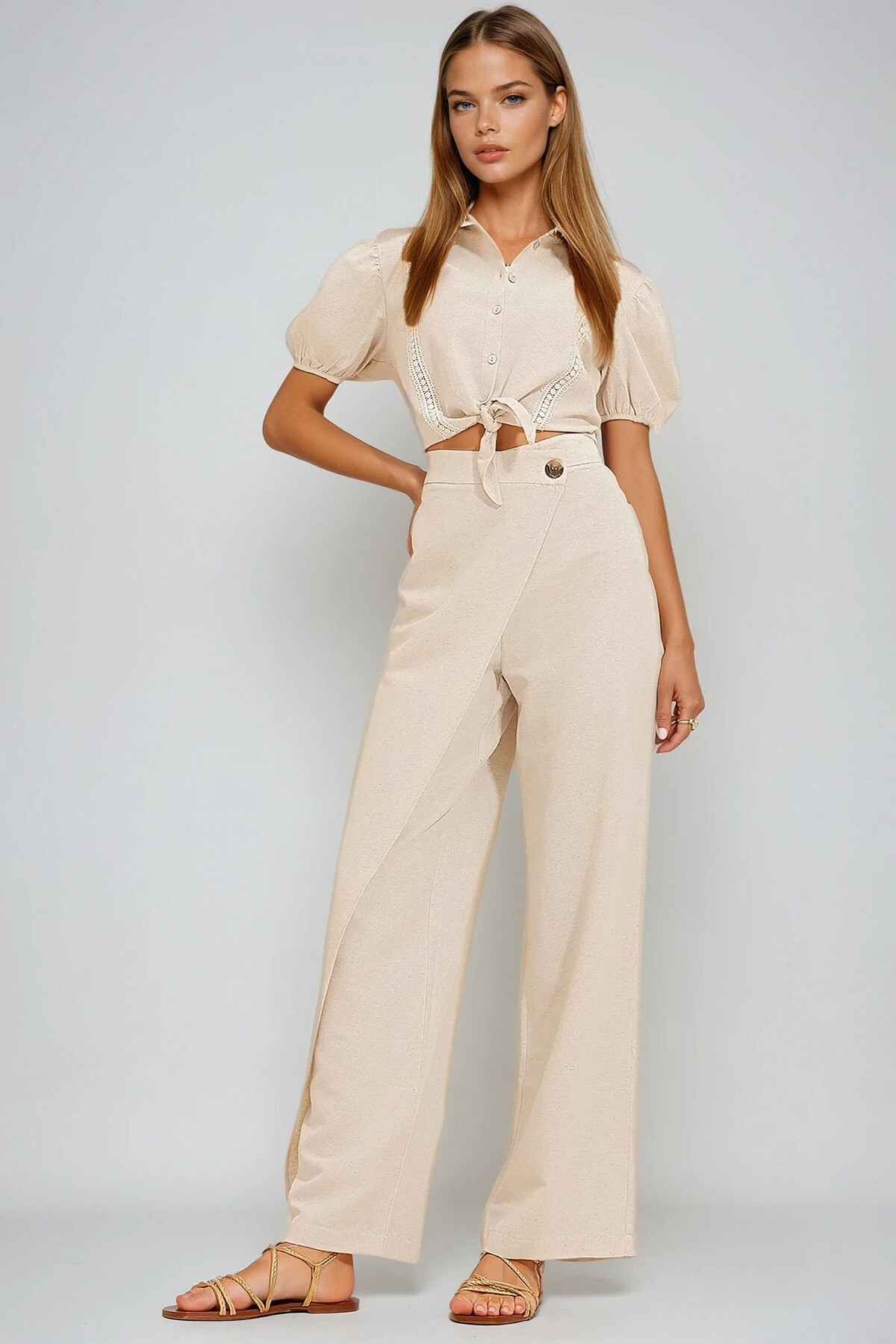 Krem Keten Önü Kapaklı Keten Pantolon