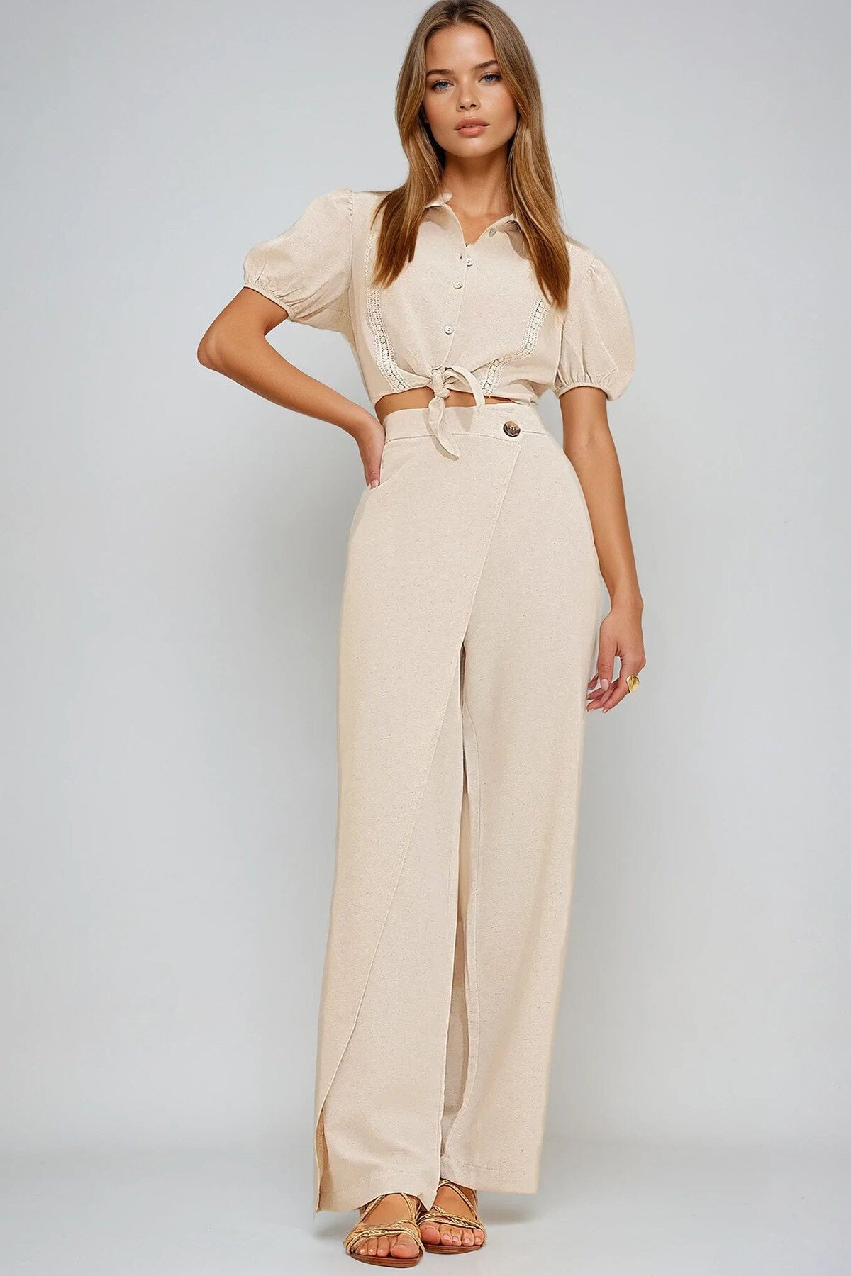 Krem Keten Önü Kapaklı Keten Pantolon