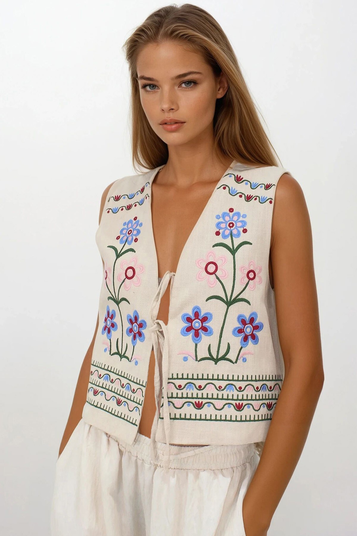 Krem Nakışlı Bağcık Detaylı Tasarım Ham Keten Yelek