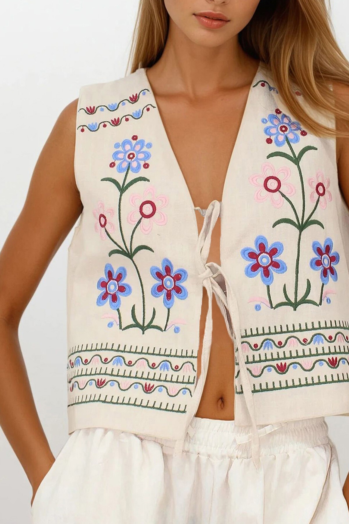 Krem Nakışlı Bağcık Detaylı Tasarım Ham Keten Yelek