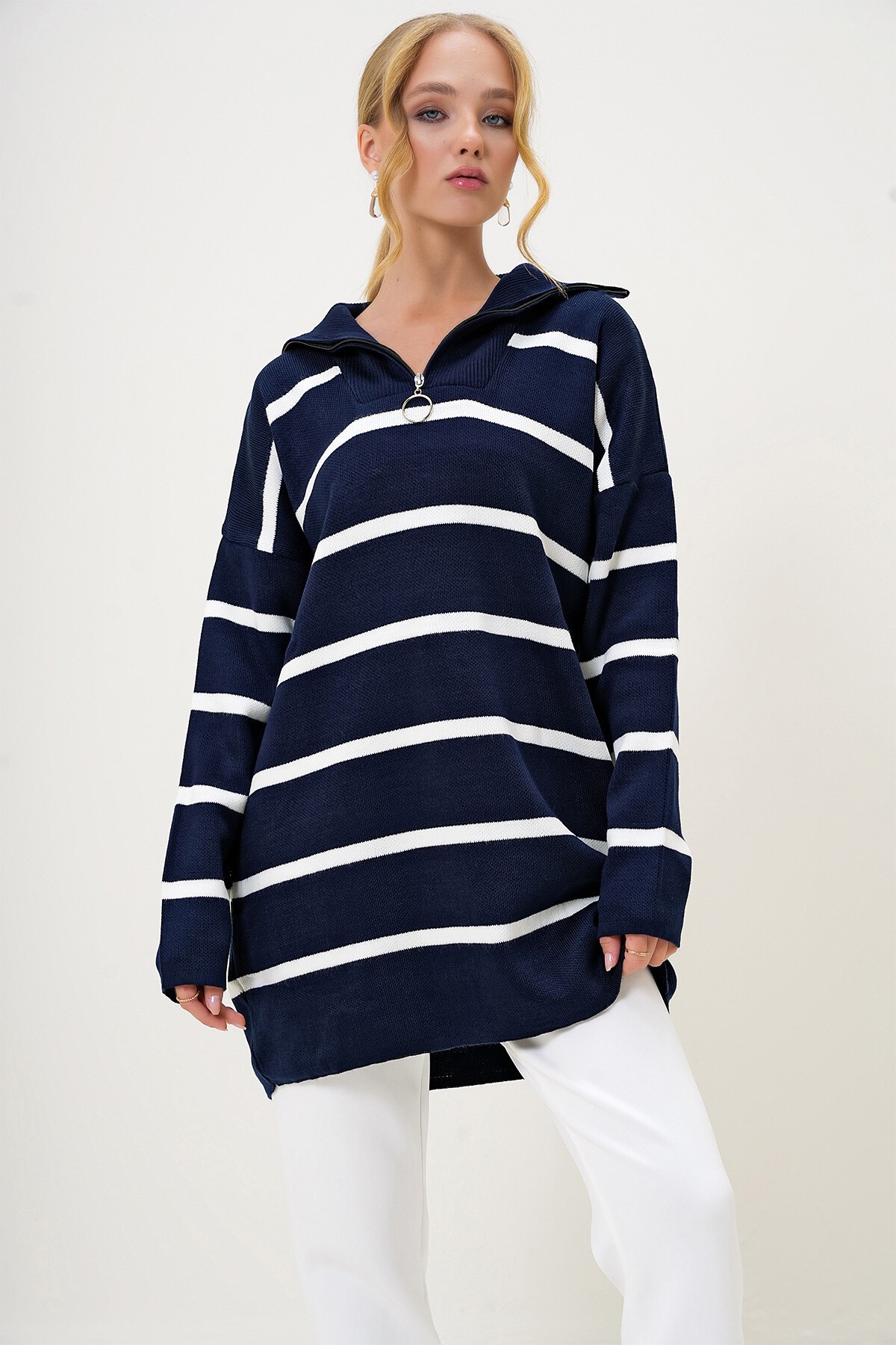 Lacivert Balıkçı Yaka Fermuar Detaylı Çizgili Triko Tunik