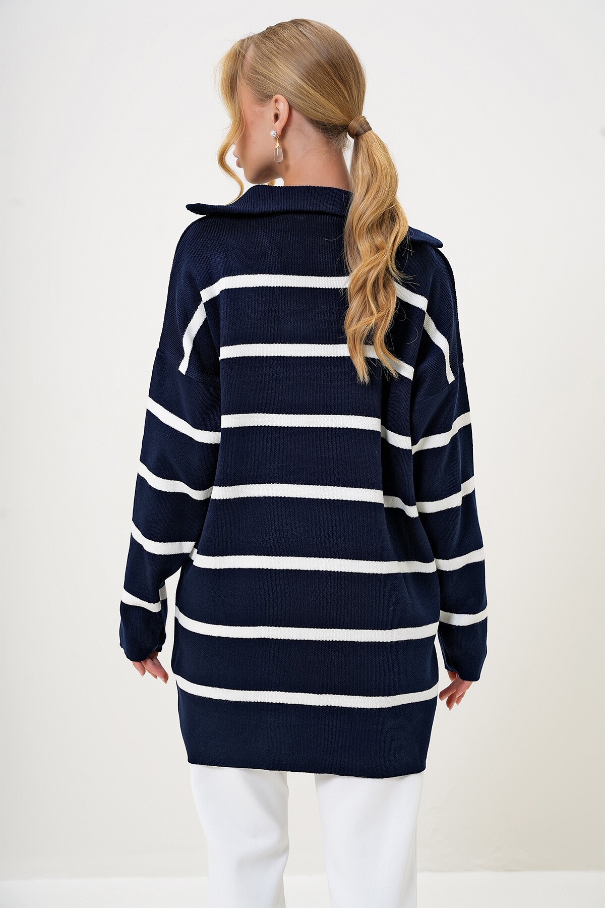 Lacivert Balıkçı Yaka Fermuar Detaylı Çizgili Triko Tunik