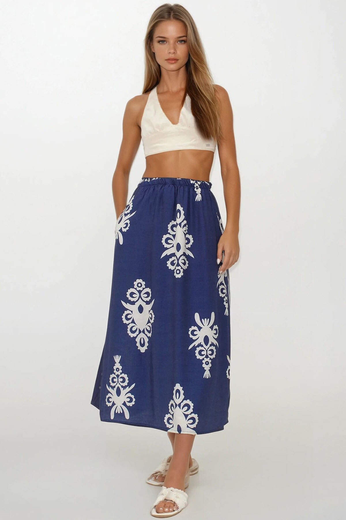 Lacivert Beli Lastikli Çift Cepli Desenli Maxi Boy Etek