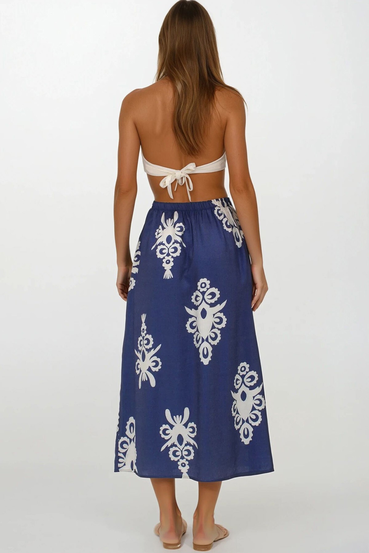 Lacivert Beli Lastikli Çift Cepli Desenli Maxi Boy Etek