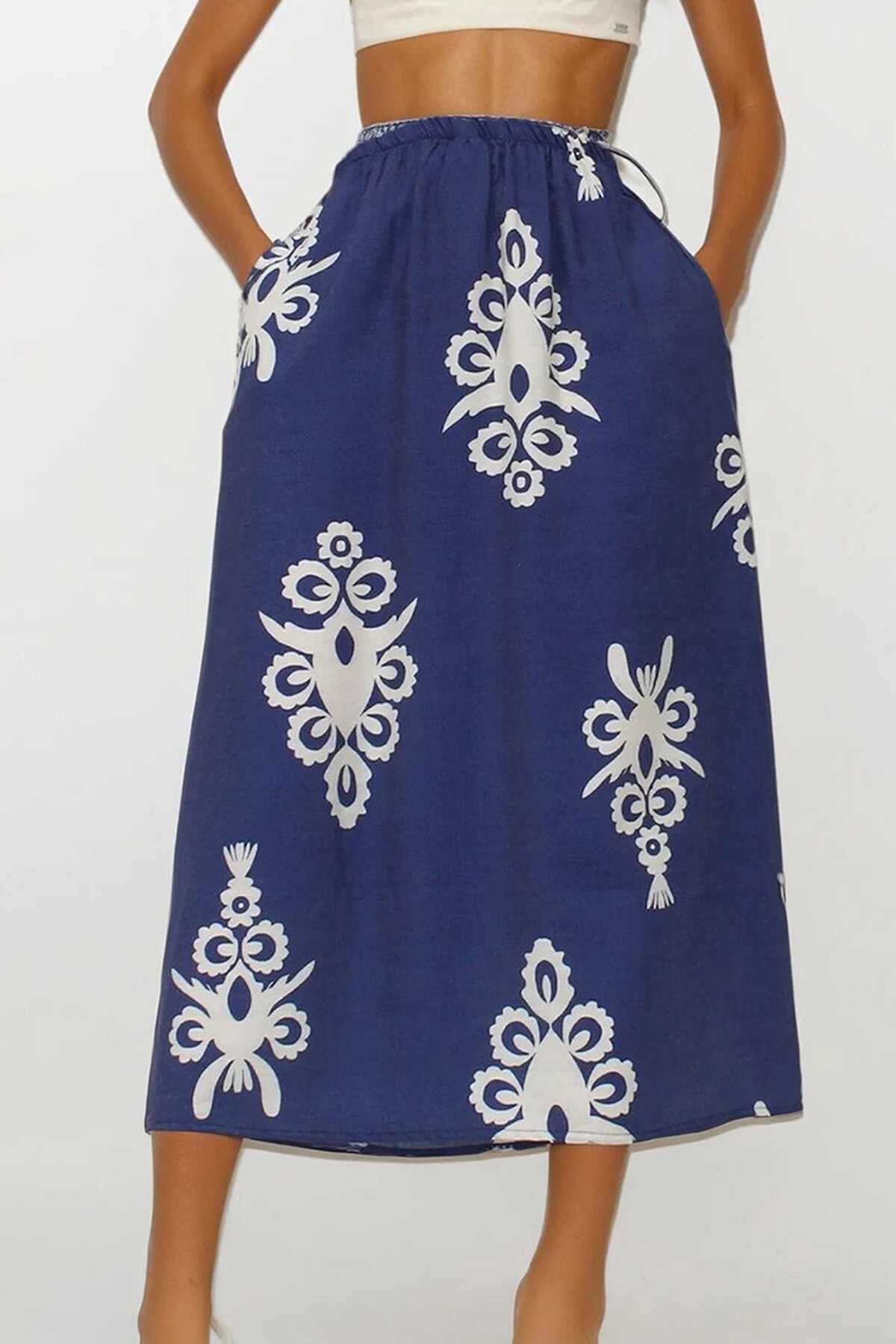 Lacivert Beli Lastikli Çift Cepli Desenli Maxi Boy Etek