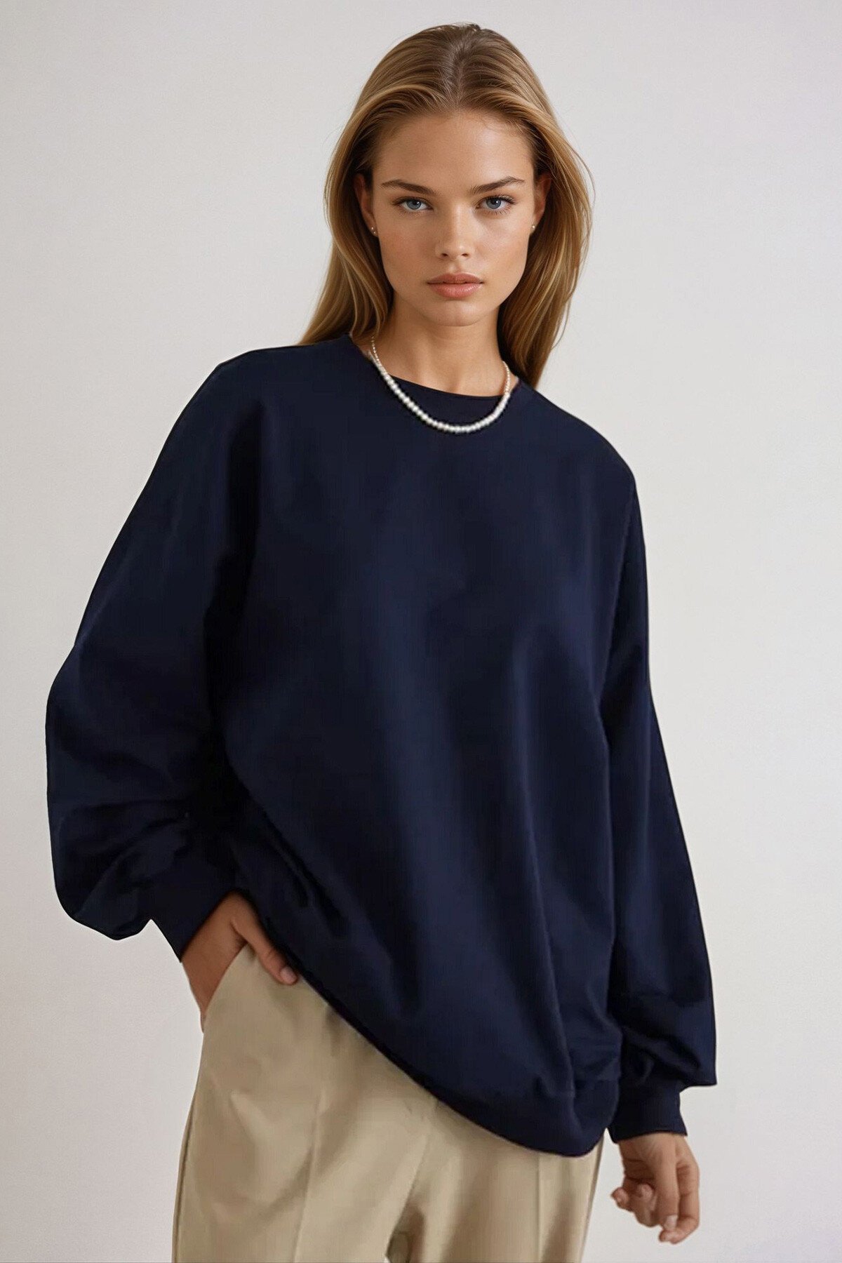 Lacivert Bisiklet Yaka Oversize Mevsimlik Basic Sweatshirt
