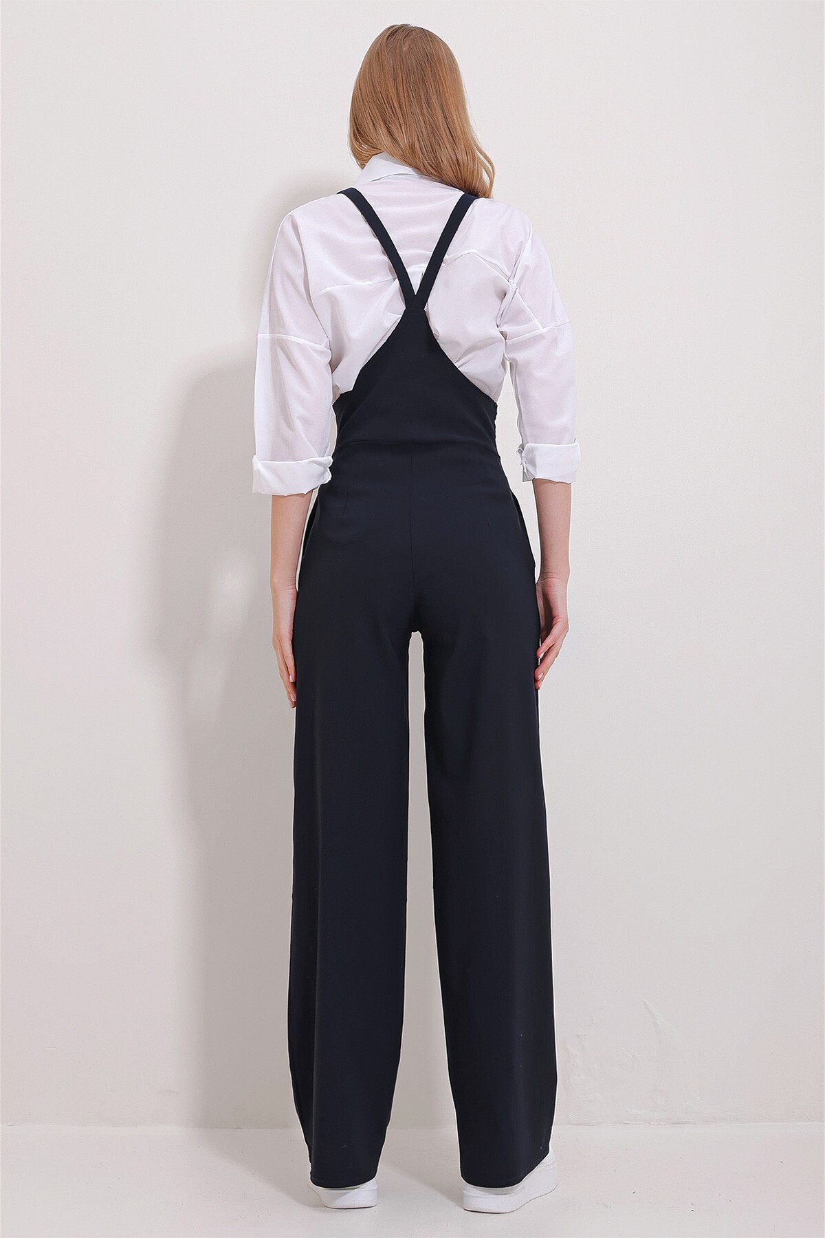 Lacivert Çift Cepli Askılı Likralı Salopet Tulum