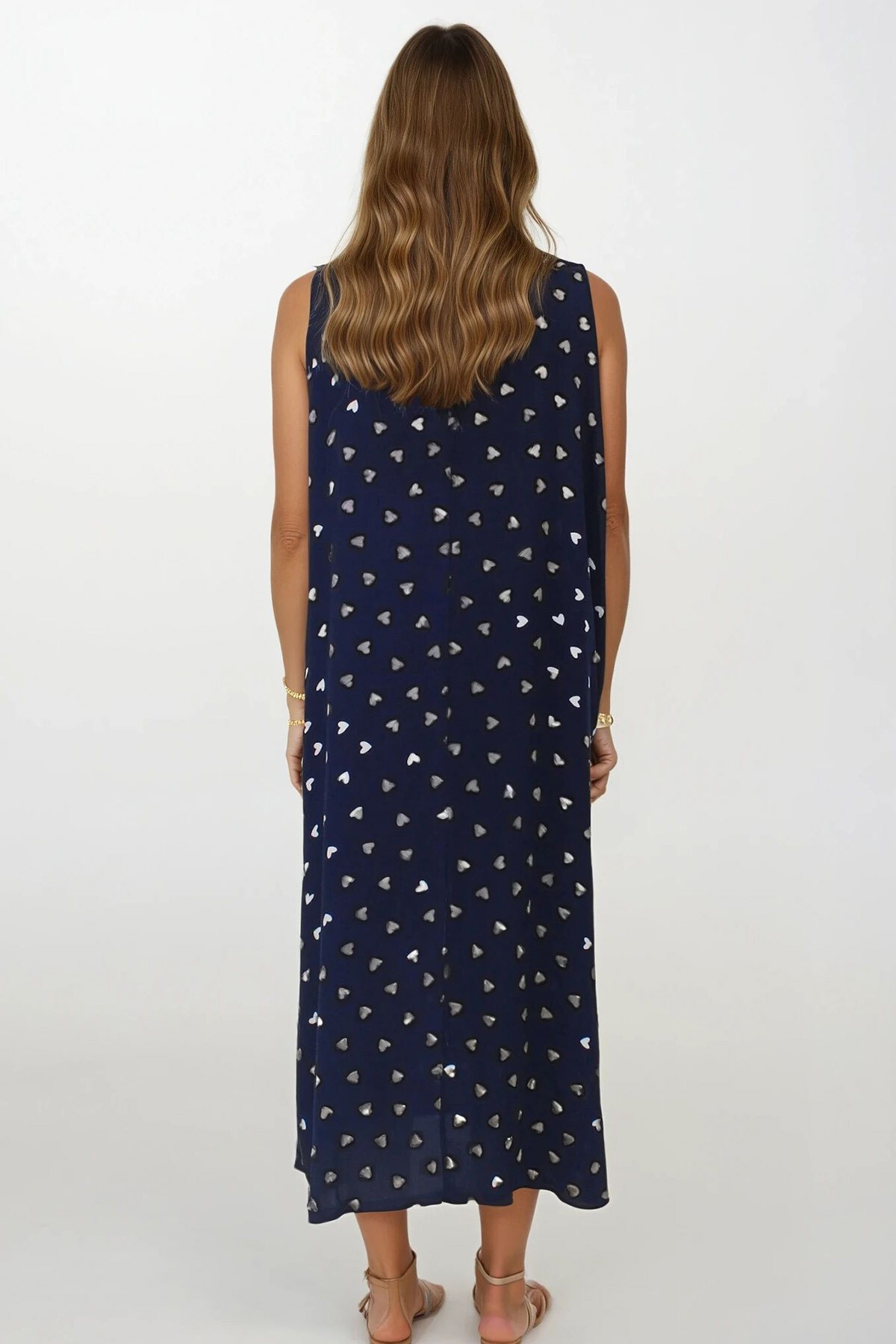 Lacivert Çift Cepli Rahat Kesim Desenli Elbise