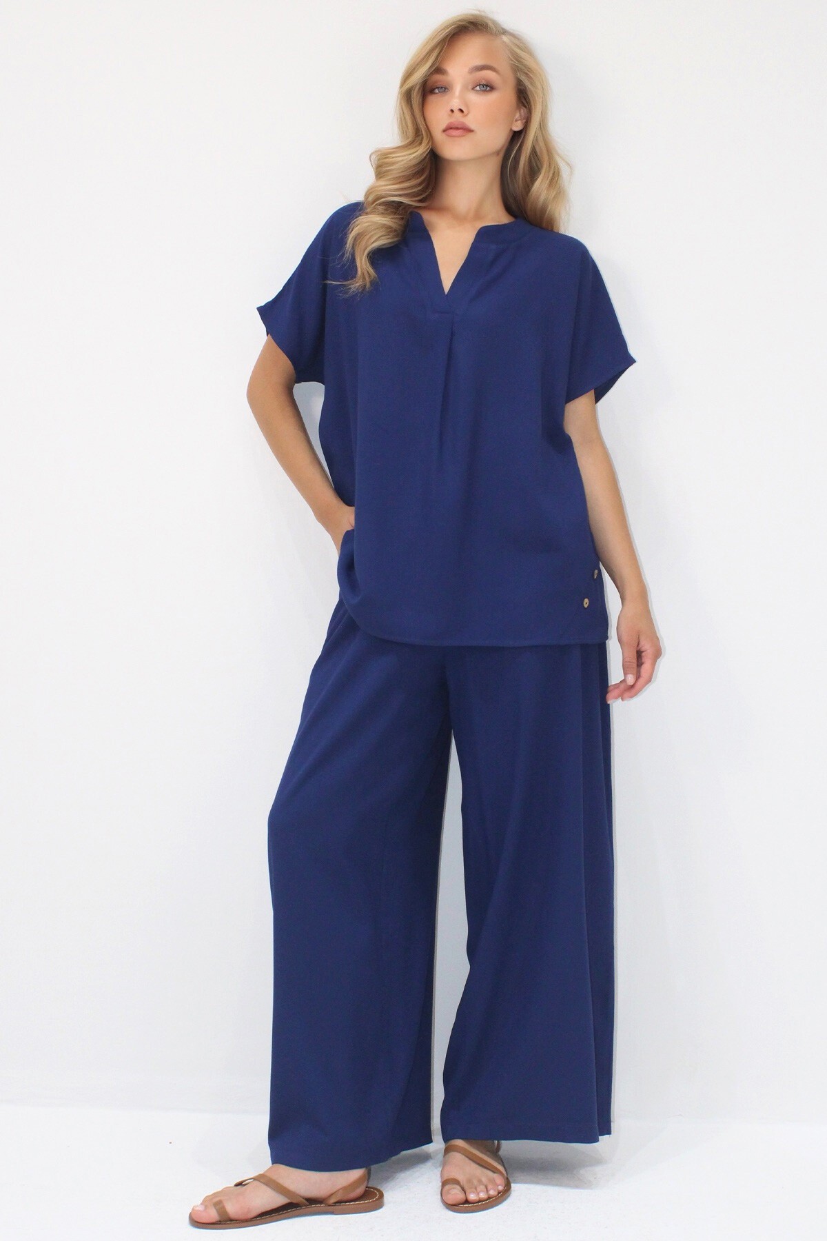 Lacivert Düğme Detaylı Rahat Kesim Viskon Dokuma İkili Takım