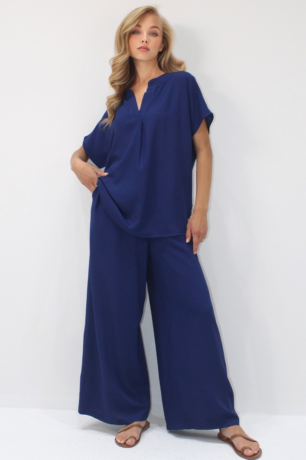 Lacivert Düğme Detaylı Rahat Kesim Viskon Dokuma İkili Takım