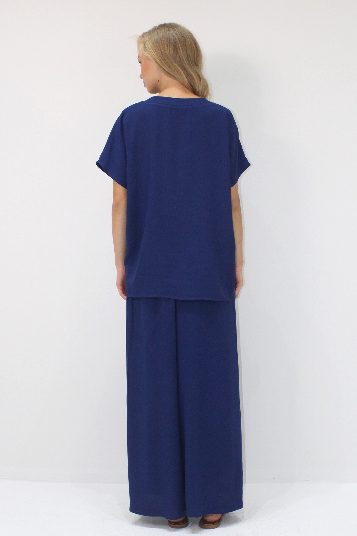 Lacivert Düğme Detaylı Rahat Kesim Viskon Dokuma İkili Takım