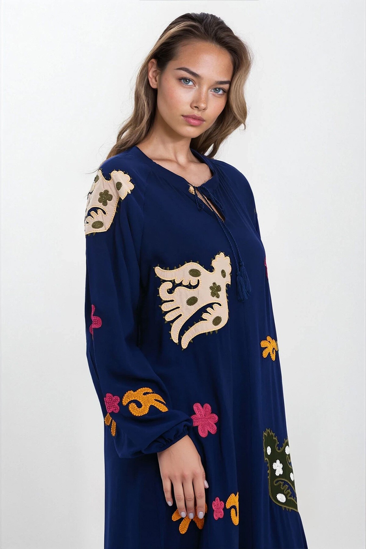 Lacivert Hakim Yaka Bağcıklı Kolları Lastikli Desenli Büyük Beden Elbise