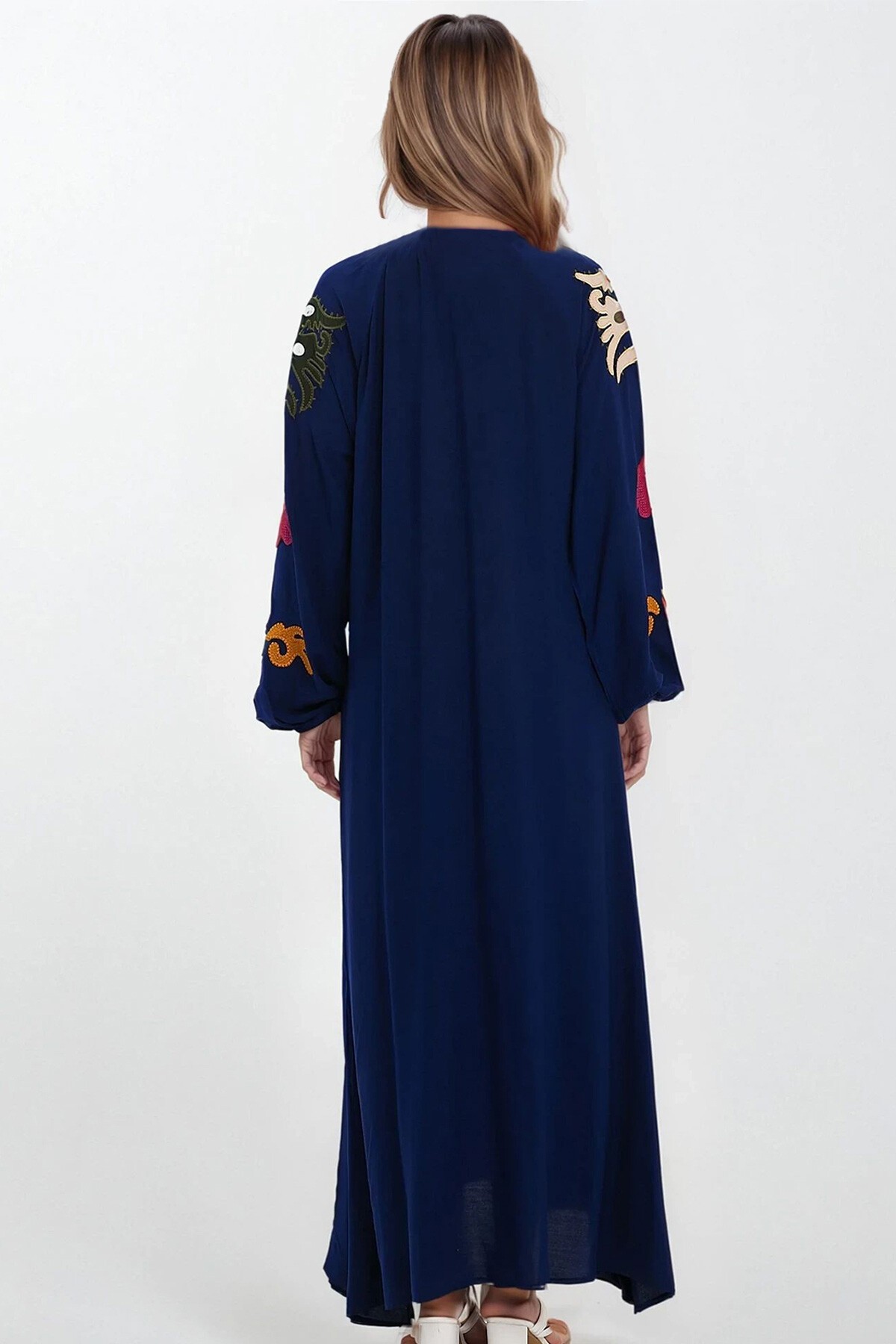 Lacivert Hakim Yaka Bağcıklı Kolları Lastikli Desenli Büyük Beden Elbise
