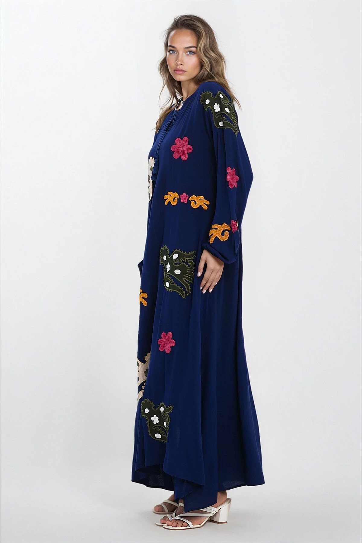 Lacivert Hakim Yaka Bağcıklı Kolları Lastikli Desenli Büyük Beden Elbise