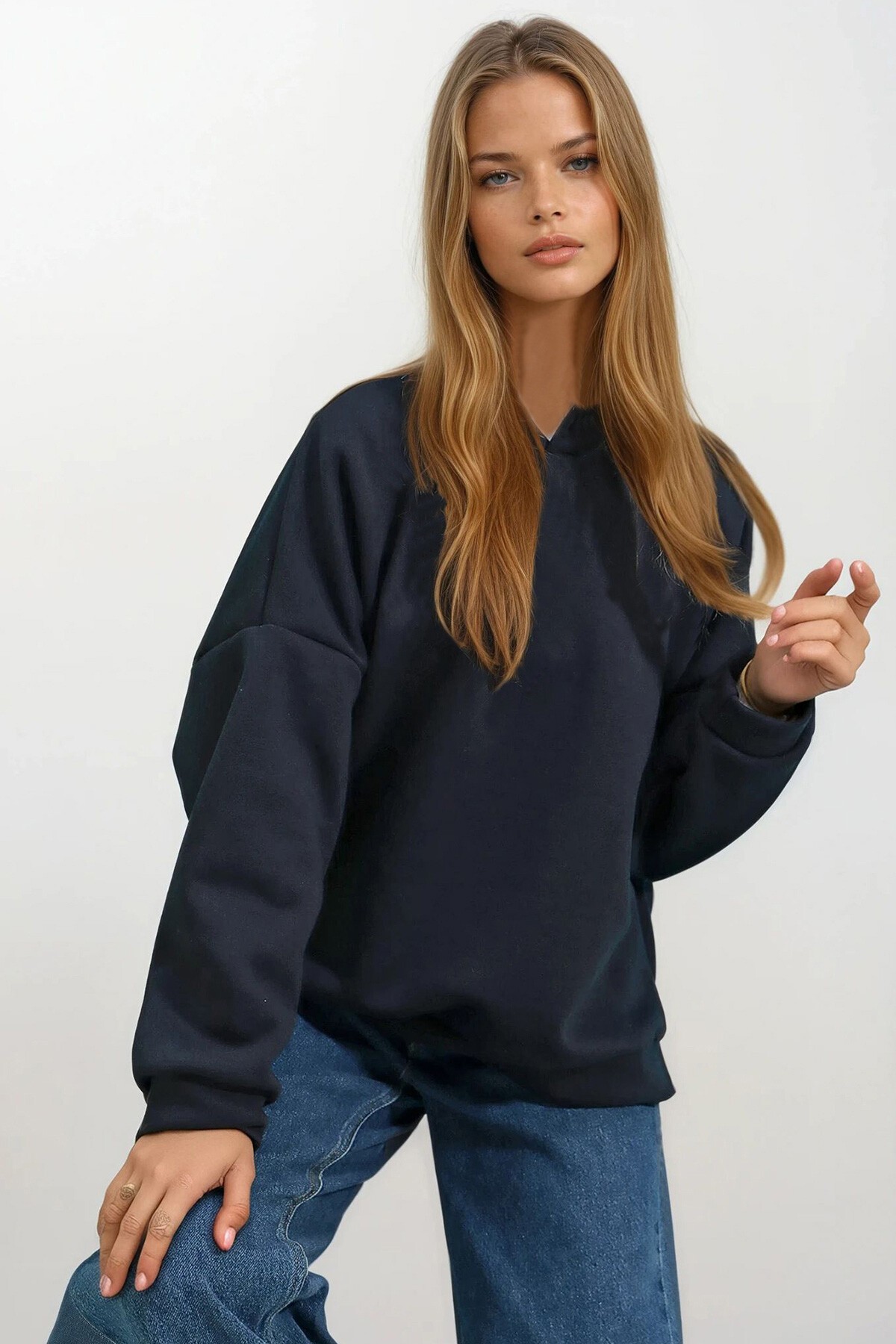 Lacivert Kapüşonlu Oversize Kalın Basen Boy 3 İplik Şardonlu Sweatshirt