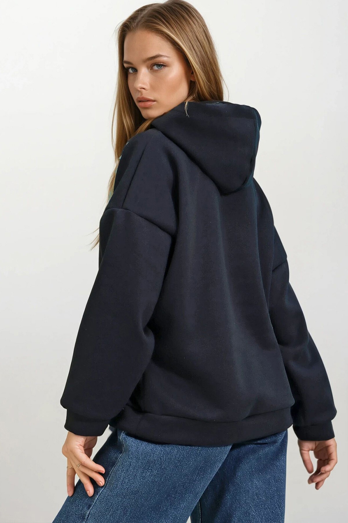 Lacivert Kapüşonlu Oversize Kalın Basen Boy 3 İplik Şardonlu Sweatshirt