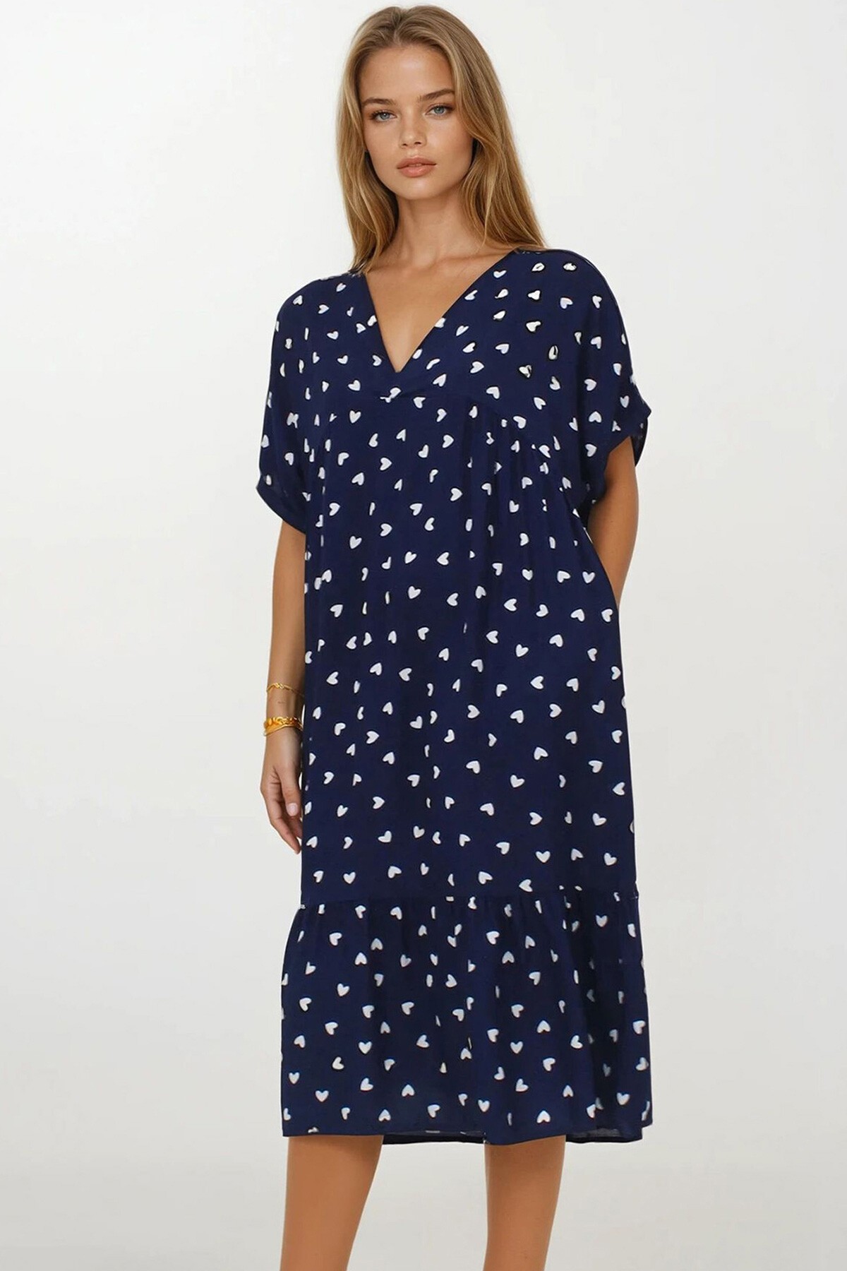 Lacivert Kruvaze Yaka Eteği Pileli Midi Boy Çift Cepli Elbise Elbise