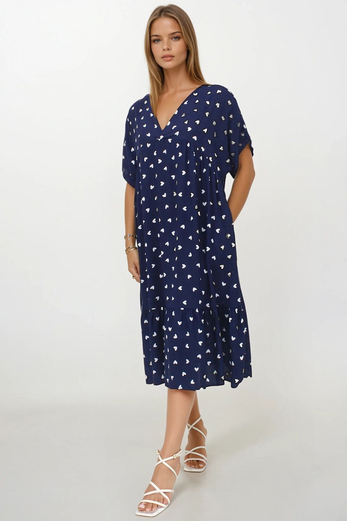 Lacivert Kruvaze Yaka Eteği Pileli Midi Boy Çift Cepli Elbise Elbise