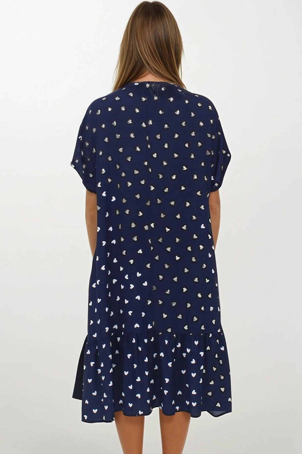 Lacivert Kruvaze Yaka Eteği Pileli Midi Boy Çift Cepli Elbise Elbise