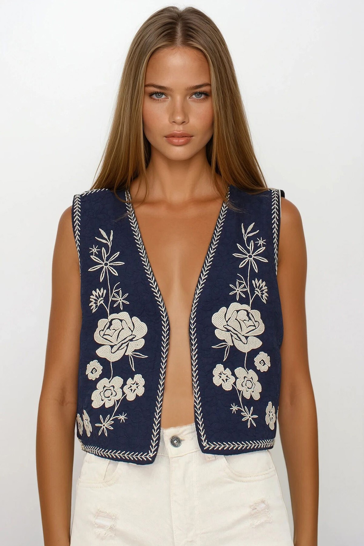 Lacivert Nakış Detaylı Astarlı Dokulu Crop Yelek