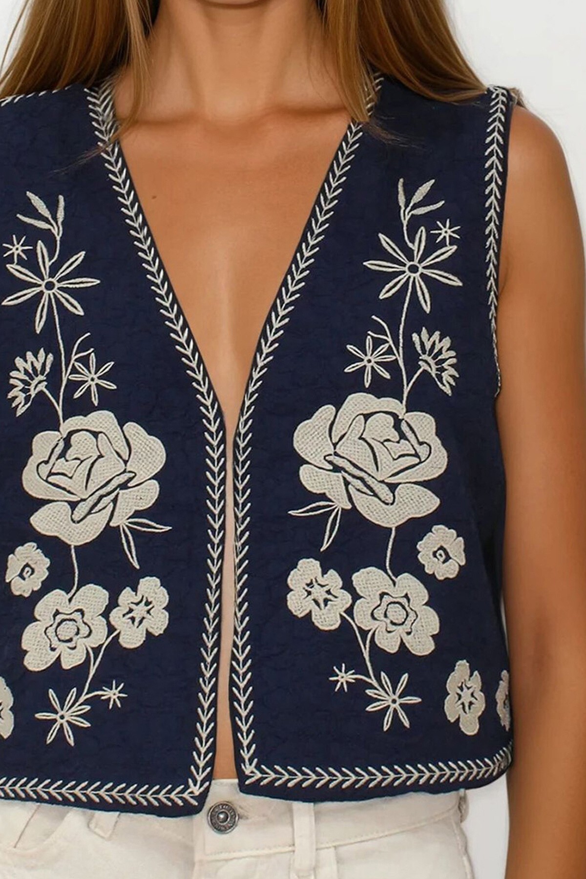 Lacivert Nakış Detaylı Astarlı Dokulu Crop Yelek