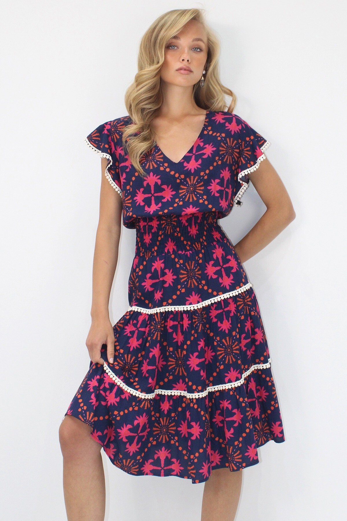 Lacivert V Yaka Etnik Desenli Fisto Detaylı Beli Gipeli Dokuma Elbise