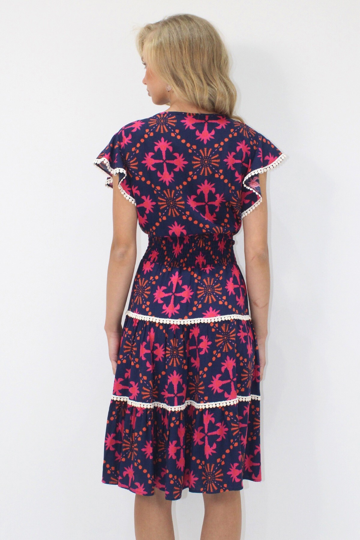 Lacivert V Yaka Etnik Desenli Fisto Detaylı Beli Gipeli Dokuma Elbise