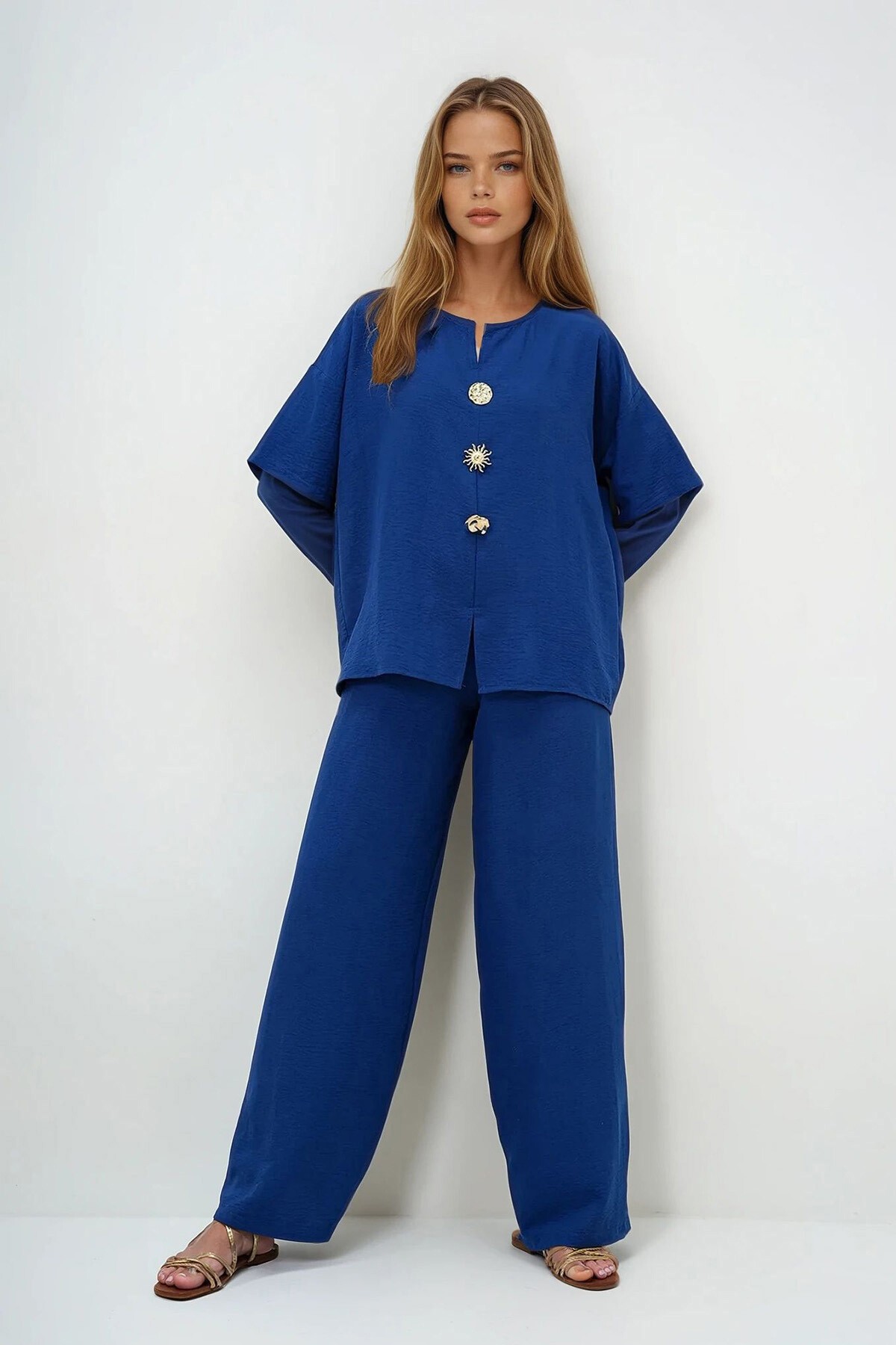 Lacivert V Yaka Metal Gold Düğme Detaylı Aerobin Bluz Ve Pantolon Alt Üst Takım