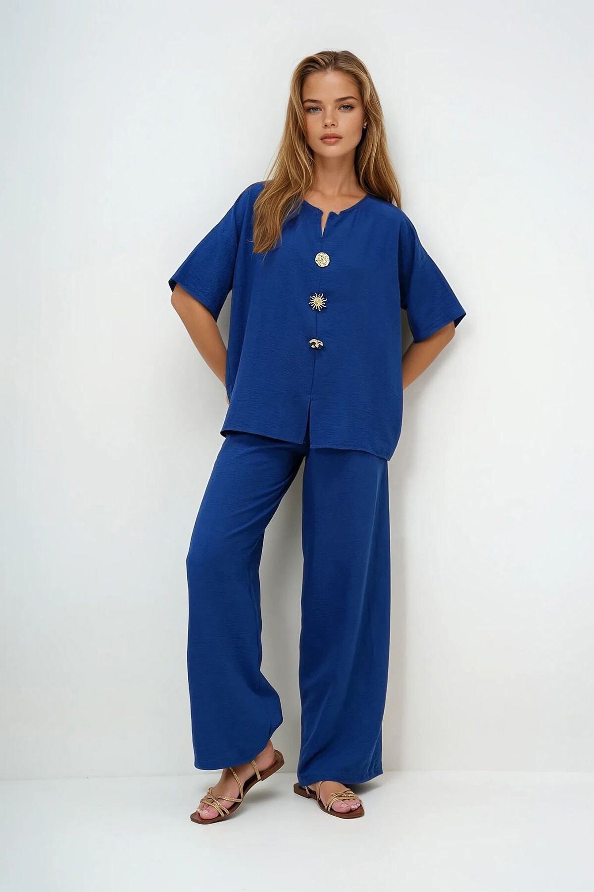 Lacivert V Yaka Metal Gold Düğme Detaylı Aerobin Bluz Ve Pantolon Alt Üst Takım