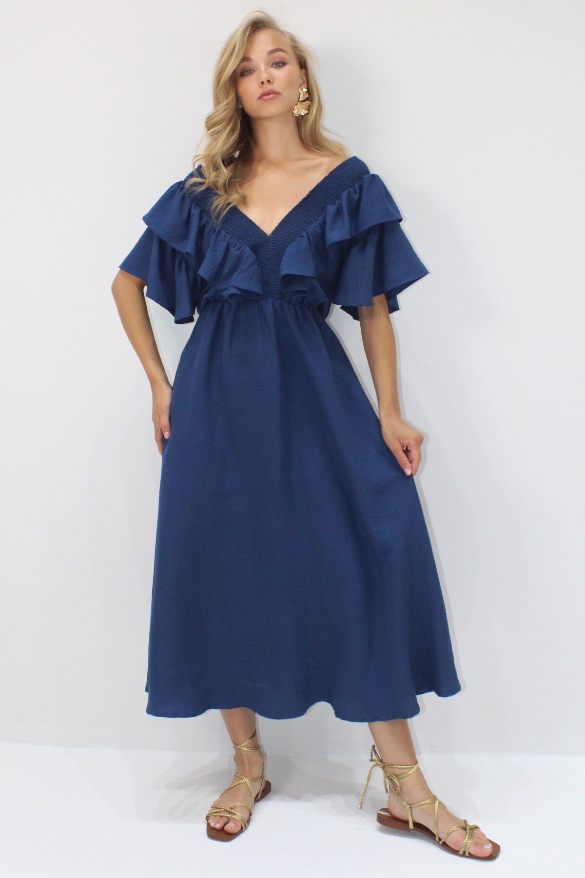 Lacivert Yakası Gipeli Ve Volanlı Beli Midiboy Dokuma Elbise