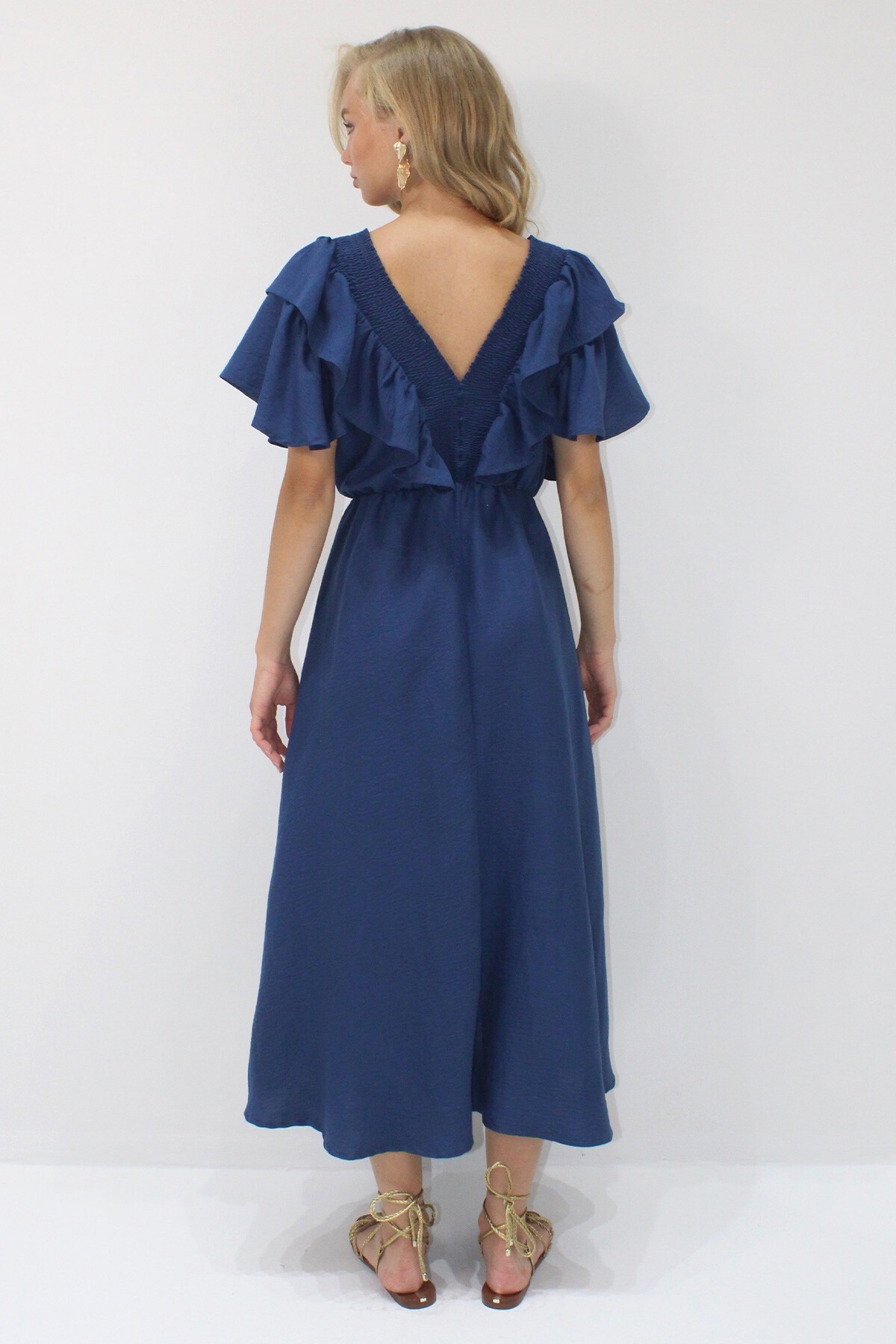 Lacivert Yakası Gipeli Ve Volanlı Beli Midiboy Dokuma Elbise