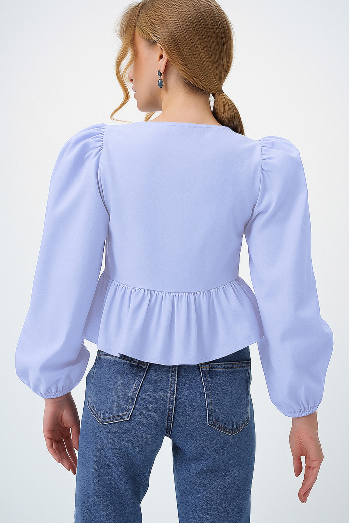 Lila Bisiklet Yaka Fiyonk Bağlamalı Prenses Kol Poplin Bluz