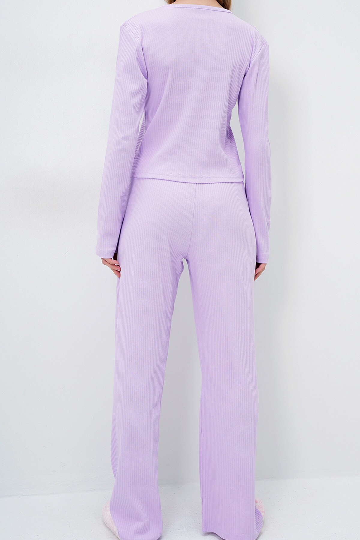 Lila Bisiklet Yaka Önü Düğmeli Uzun Kol Bluz Ve Pantolon Takım