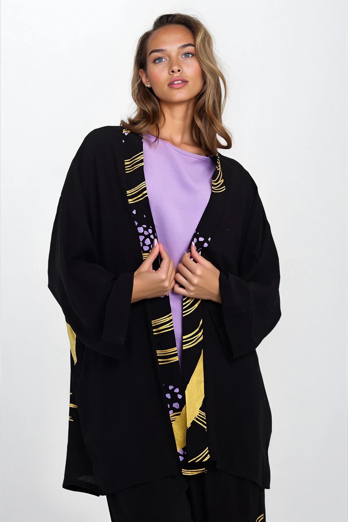 Lila Desenli Kimono Bluz Ve Pantolon Büyük Beden Alt Üst Takım