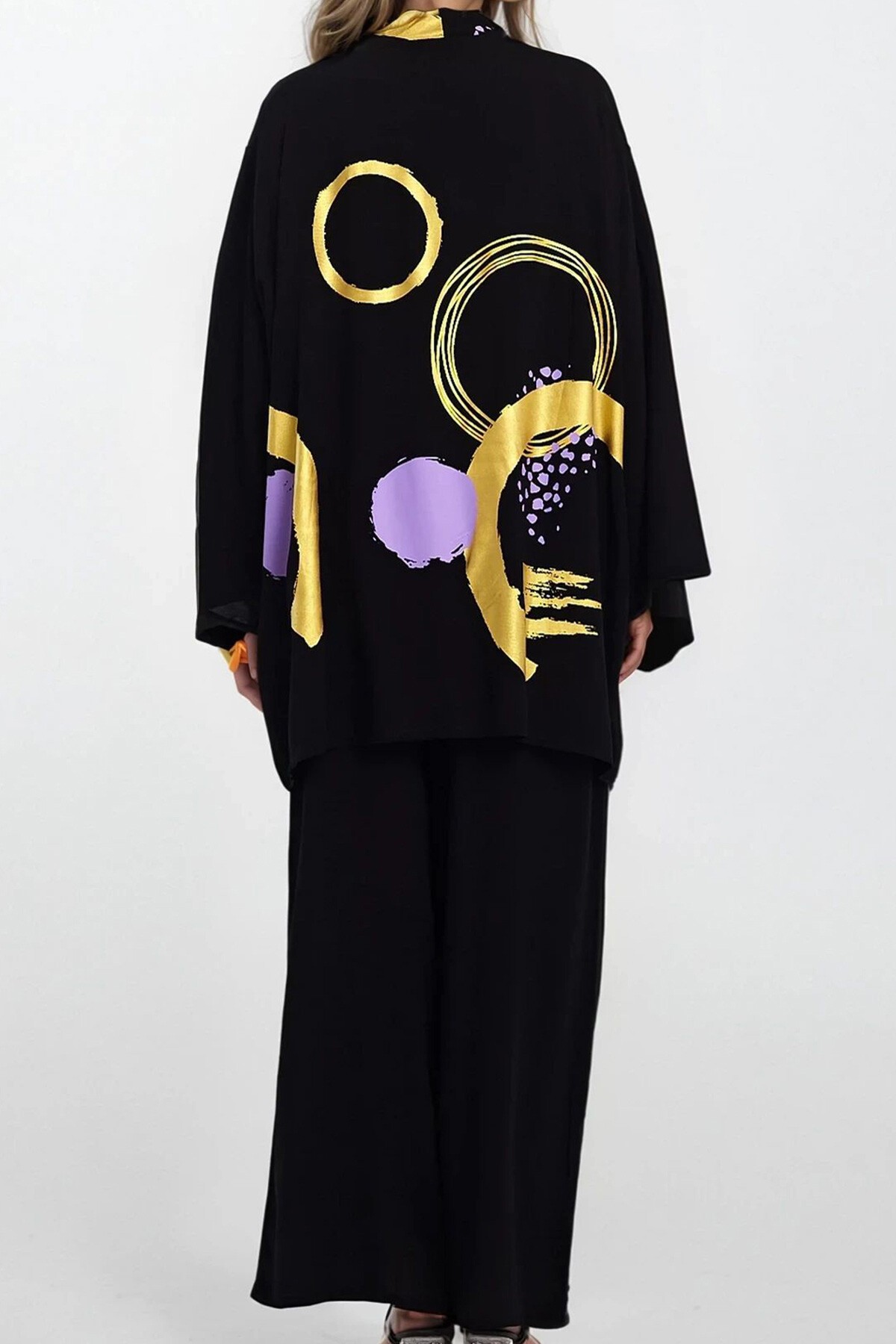 Lila Desenli Kimono Bluz Ve Pantolon Büyük Beden Alt Üst Takım